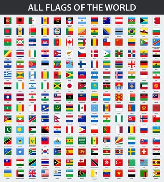 All flags of the world in alphabetical order. Square glossy style
