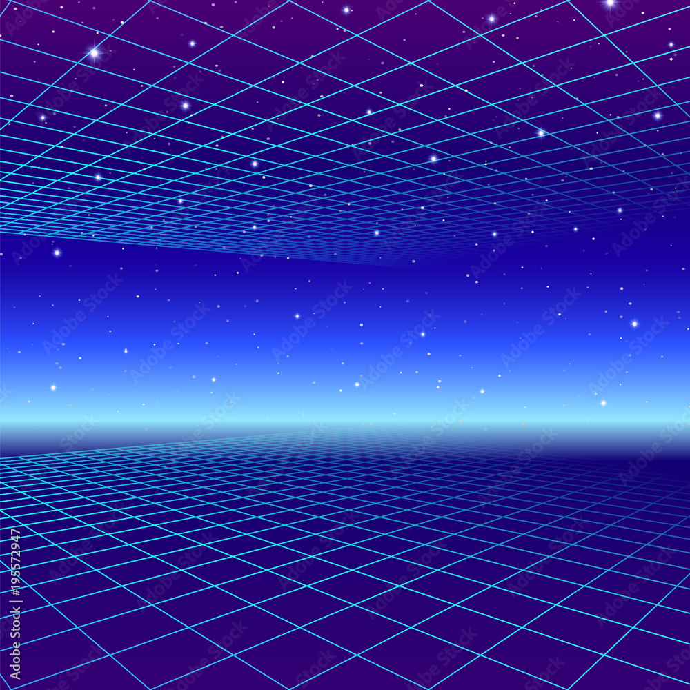 Poster retro neon background with 80s styled laser grid and stars