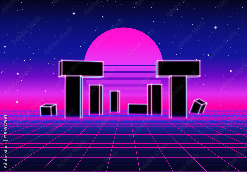 Poster neon landscape with 80s retro wave game style