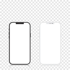 New version of black and white slim smartphone similar to with blank white screen. Realistic vector illustration.