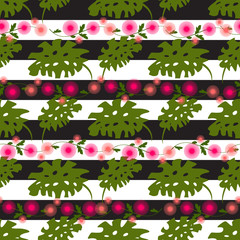 Seamless pattern. Decorated with leaves and flowers. Doodles style. 