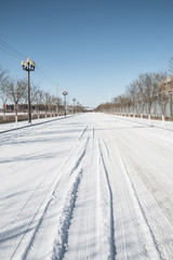 Car tire track in snow
