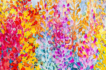 Fototapeta na wymiar Watercolor original painting colorful bunch of wisteria and abstract flowers