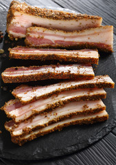 close-up of delicious spicy smoked speck