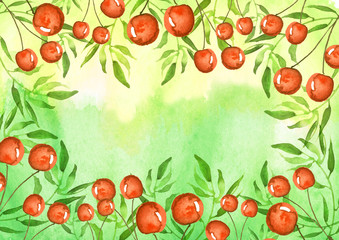 A watercolor postcard, a linear border, a background with a place for your inscription and design. Drawing - a berry a cherry, green branches, plants. Beautiful card with vintage pattern.