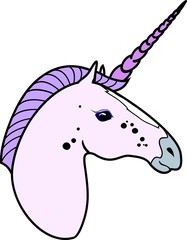 Head of pink unicorn with purple mane on white background