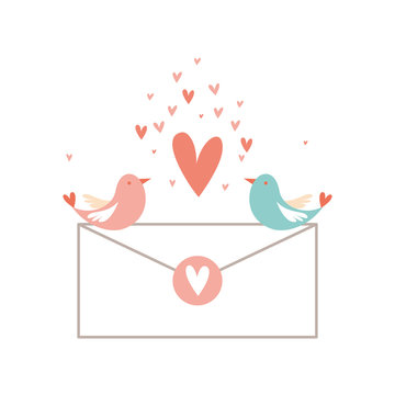 Cute card template with two birds in love for Valentine's day, w