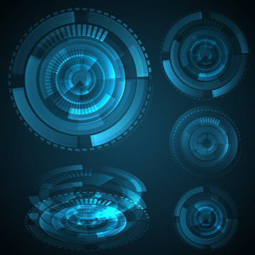 volumetric vector interface. blue on a dark background.