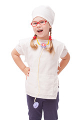 young girl with glasses plays in the doctor