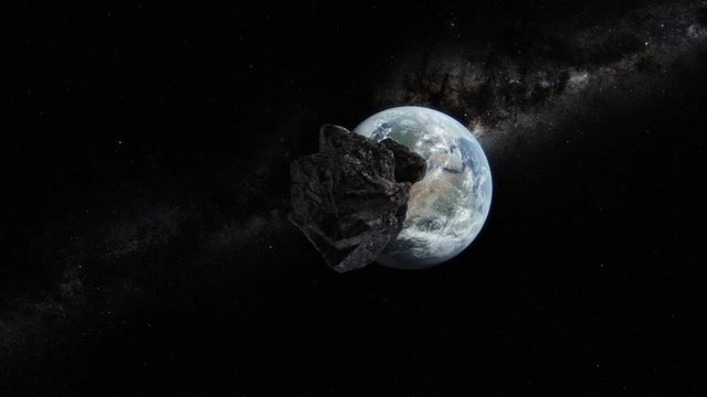 Asteroid approaching planet Earth. 3D animation.Texture courtesy of NASA.