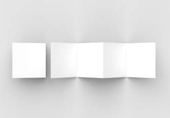 8 page leaflet, 4 panel accordion fold square brochure mock up isolated on light gray background. 3D illustrating.