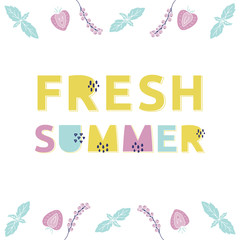 Fresh Summer vector card. Hand drawn color illustration with fruits, berries and cute alphabet.