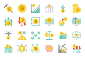 cryptocurrency concept flat icon set such as bitcoin mining, investment, block chain, bitcoin wallet, cloud technology, payment accept, node
