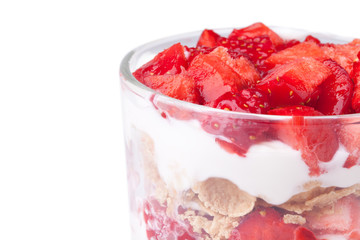 Glass with strawberry dessert isolated