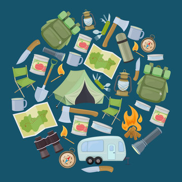 Set of travel equipment. Accessories for camping and camps. Colorful cartoon illustration of camping and tourism equipment. Vector