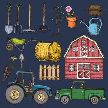 Set of farming equipment icons. Farming tools and agricultural machines decoration, sketch illustration. Vector