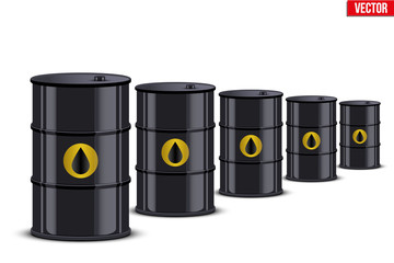 Oil barrel in row. The rise in price and cheaper petroleum. Vector Illustration isolated on white background