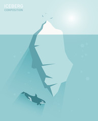 Iceberg concept illustration in flat style with a whale and birds
