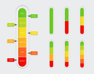 Color coded progress, vertical level indicator with percentage units. Vector illustartion