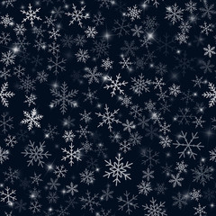 Naklejka na ściany i meble White snowflakes seamless pattern on black Christmas background. Chaotic scattered white snowflakes. Radiant Christmas creative pattern. Vector illustration.