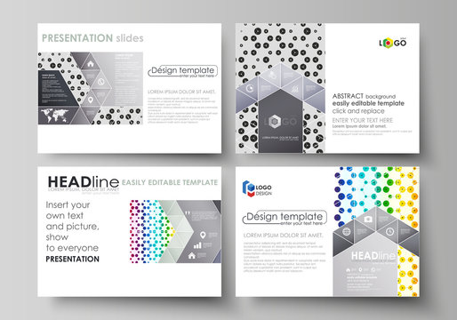 Set of business templates for presentation slides. Abstract vector layouts in flat style. Chemistry pattern, hexagonal design molecule structure, medical DNA research. Geometric colorful background.