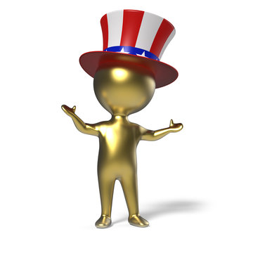 3d Little Gold Man With Uncle Sam Stars And Stripes Top Hat