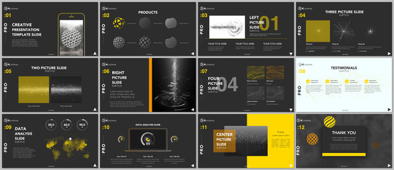 Minimal presentation templates. Tech elements on black background. Technology sci-fi concept vector design. Presentation slides for flyer, leaflet, brochure, report, marketing, advertising, banner