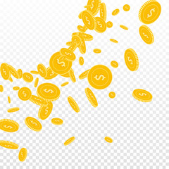 American dollar coins falling. Scattered floating USD coins on transparent background. Actual radiant left top corner vector illustration. Jackpot or success concept.