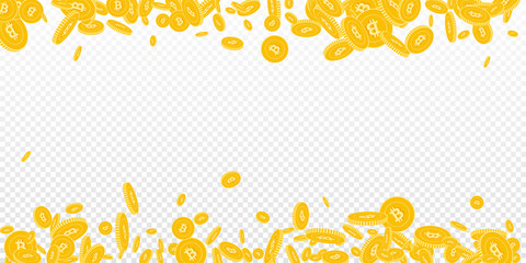 Fototapeta na wymiar Bitcoin, internet currency coins falling. Scattered floating BTC coins on transparent background. Shapely scattered border vector illustration. Jackpot or success concept.
