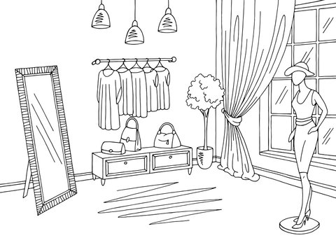 Shop interior graphic black white boutique store sketch illustration vector