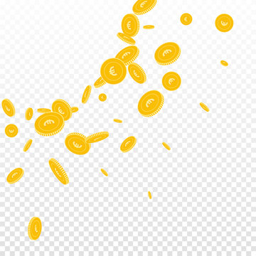 European Union Euro coins falling. Scattered disorderly EUR coins on transparent background. Breathtaking radiant left top corner vector illustration. Jackpot or success concept.