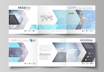 The minimalistic vector illustration of editable layout. Two modern creative covers design templates for square brochure or flyer. Polygonal texture. Global connections, futuristic geometric concept.