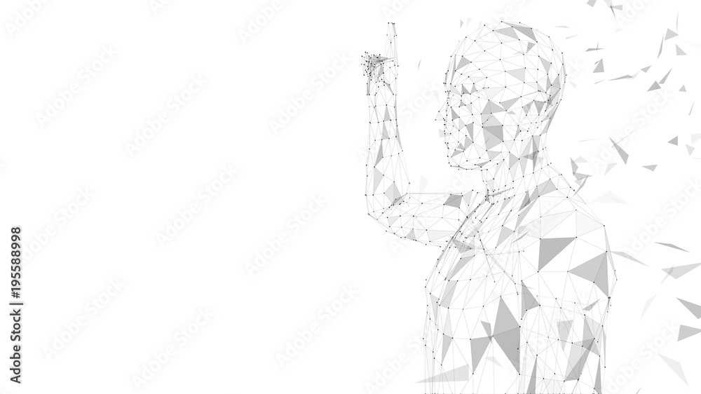 Wall mural conceptual abstract man pointing finger up. connected lines, dots, triangles, particles. artificial 