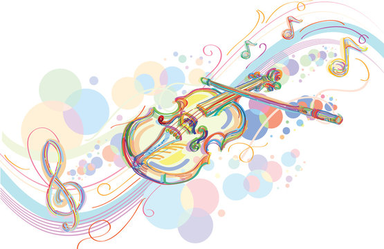 Drawn Violin And Musical Notes