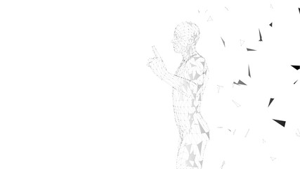 Conceptual abstract man pointing finger up. Connected lines, dots, triangles, particles. Artificial intelligence concept. High technology vector digital background. 3D render vector illustration