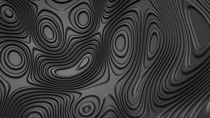 Stylish black colored background with flowing lines. Abstract topographic map contour background. Black stripe pattern background. Smoothly illuminated plastic texture, 3d render illustration.