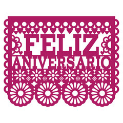 Fototapeta na wymiar Feliz Aniversario Papel Picado vector design - Happy Anniversary greeting card, Mexican folk art paper banner 
