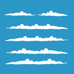 Cloud vector icon set white color on blue background. Sky flat illustration collection for web