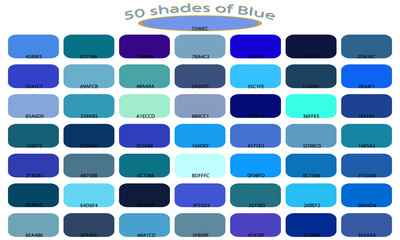 Palette art of blue color. Blue tones and shades. 50 shades of blue color isolated on white background. Color backgrounds with codes. Vector illustration.  - 195590752