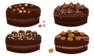 Set of chocolate cake with nuts. Dessert close-up.  Chocolate cake whole with nuts and cream isolated on white background. Vector illustration.