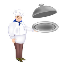 Smiling chef with a plate in his hand. Cute happy cook in uniform holds a serving dish. The chef advertises food. Cooking, gastronomy, cuisine.  Vector design for menu, presentation and advertising re