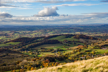 Bucolic image of the rolling hills and seasonal oranges and browns on this fall or autumnal image of Worcestershire, Malvern Hills