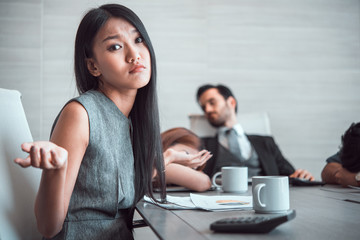 Bored business woman and sleeping resting on workplace during work meeting. 