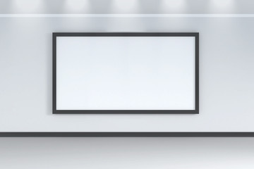 One big empty white frame - screen on the white wall in white interior - 3d rendering