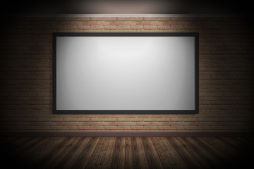 Dark room Interior with brick wall and wood floor, one empty frame / tv - screen on the wall with light source above- 3d illustration