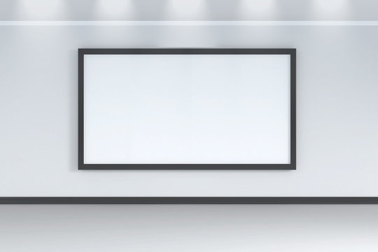 One big empty white frame - screen on the white wall in white interior - 3d rendering