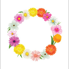 Hello spring circle frame greeting card and flowers decoration.