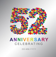 52 years anniversary celebration. Anniversary logo with mini hearts and multi color isolated on gray background, vector design for celebration, invitation card, and greeting card