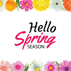 Fototapeta na wymiar Hello spring season greeting card with colorful flower frame background template. Can be use voucher, wallpaper,flyers, invitation, posters, brochure, coupon discount.