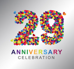 29th anniversary design logotype paper hearts multi-color for celebration